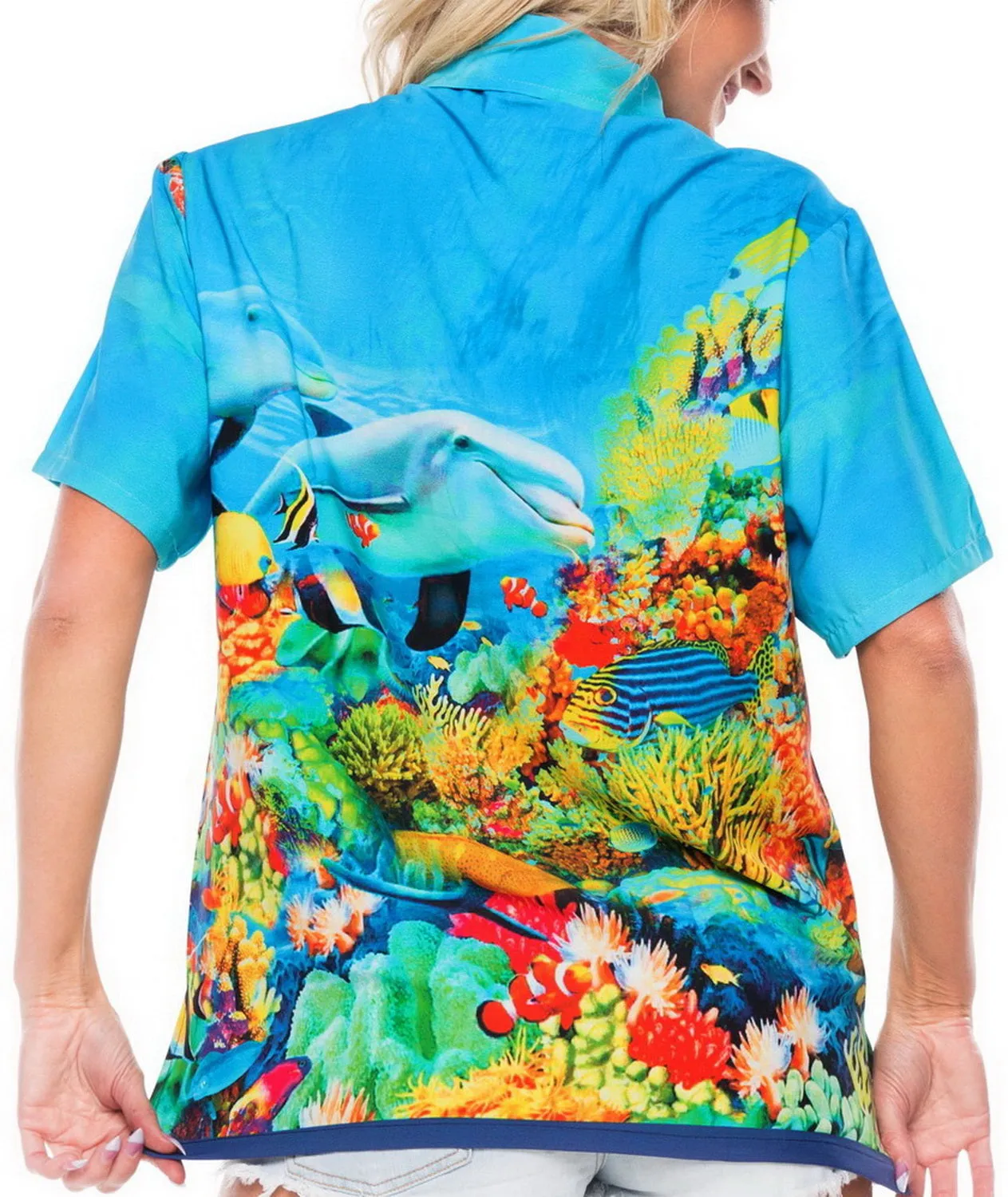 LA LEELA Likre Beach Sealife Turtle Sea Aquarium Print Tops Women's Camp Shirt Blue 445