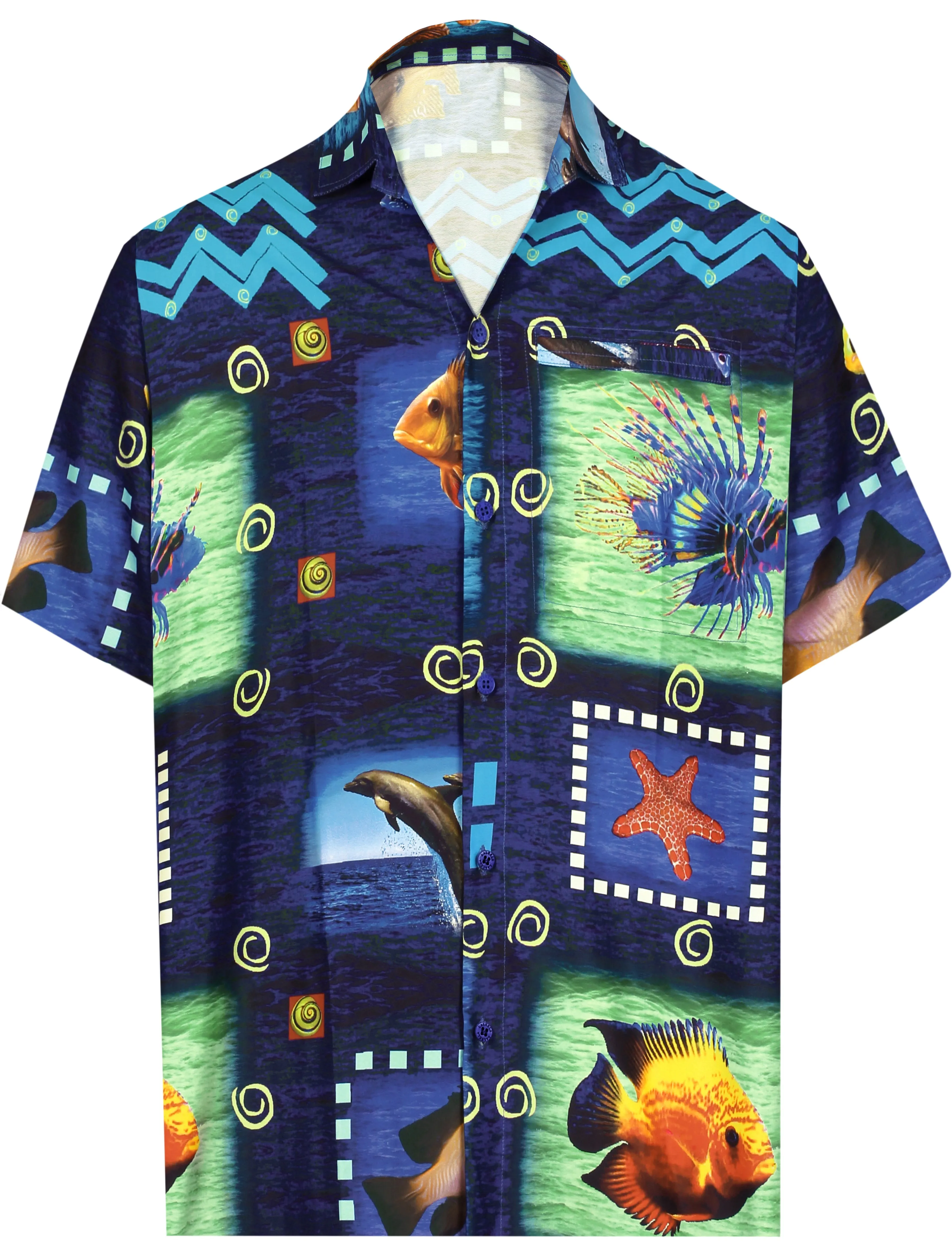 LA LEELA Shirt Casual Button Down Short Sleeve Beach Shirt Men Aloha Pocket Blue_AA169