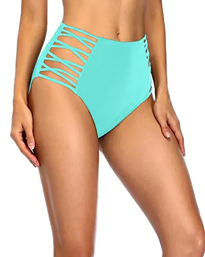 Lace Up Women Tummy Control Swim Shorts High Waisted Bikini Bottom-Aqua