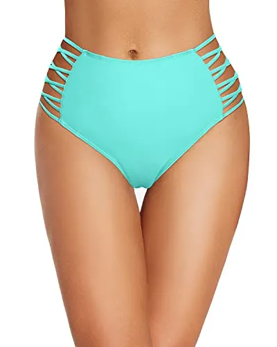 Lace Up Women Tummy Control Swim Shorts High Waisted Bikini Bottom-Aqua