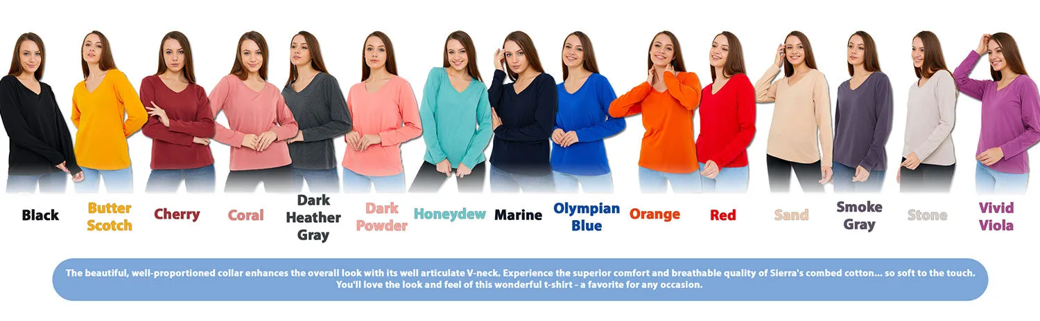 Long Sleeve V-Neck Shirts for Women & Girls - Colorful Pima Cotton