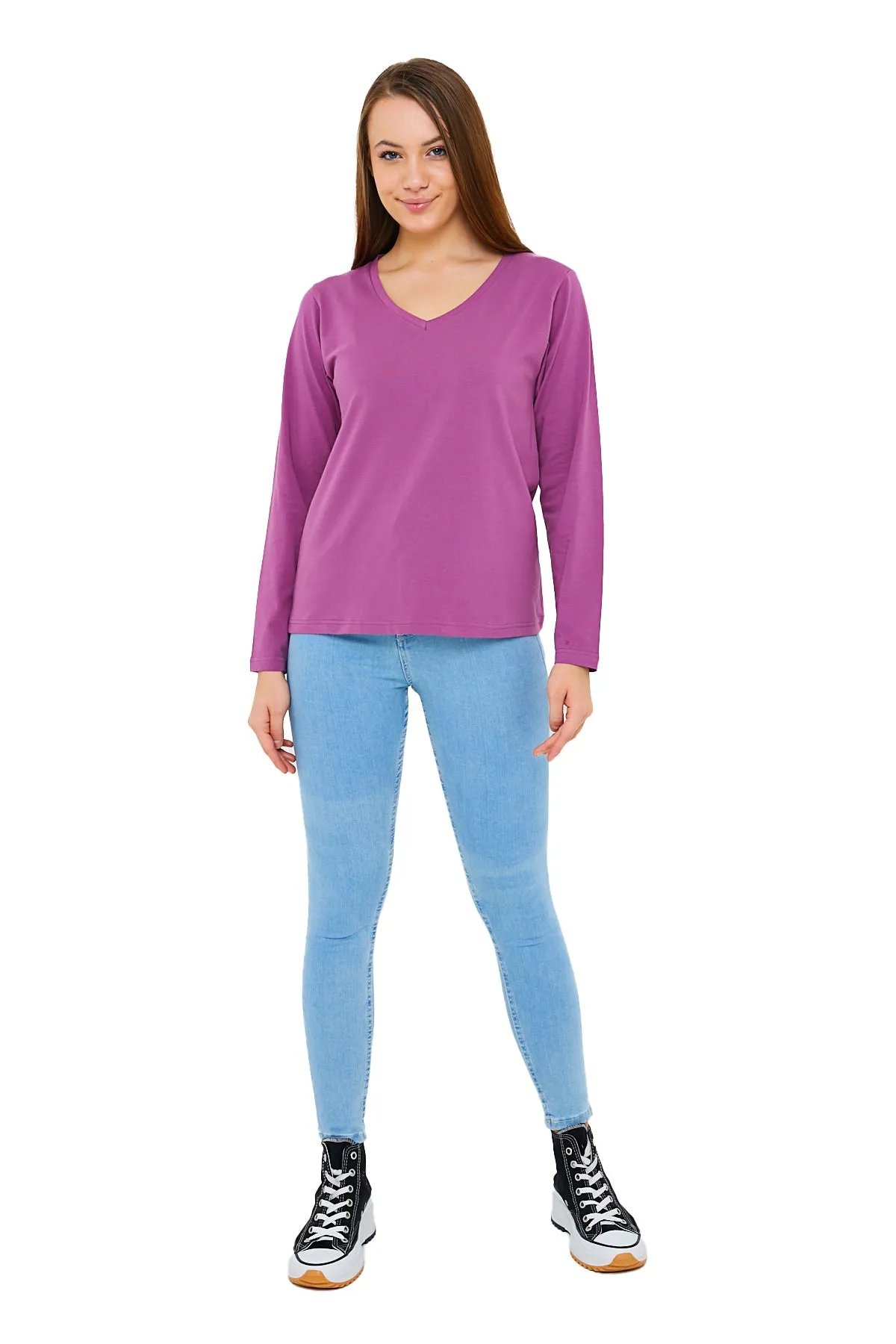 Long Sleeve V-Neck Shirts for Women & Girls - Colorful Pima Cotton