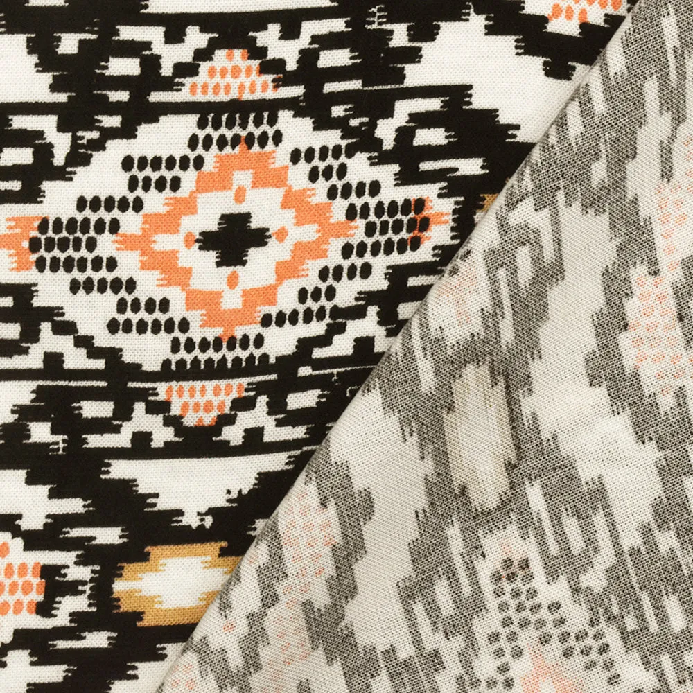 Orange-Black-Ivory Aztec Printed Challis Fabric