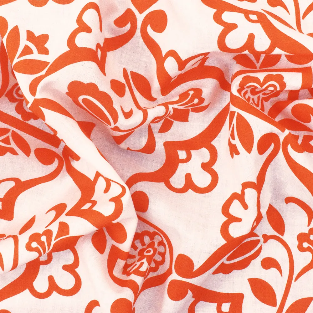 Orange-Ivory Floral Moroccan Printed Cotton Lawn Woven Fabric