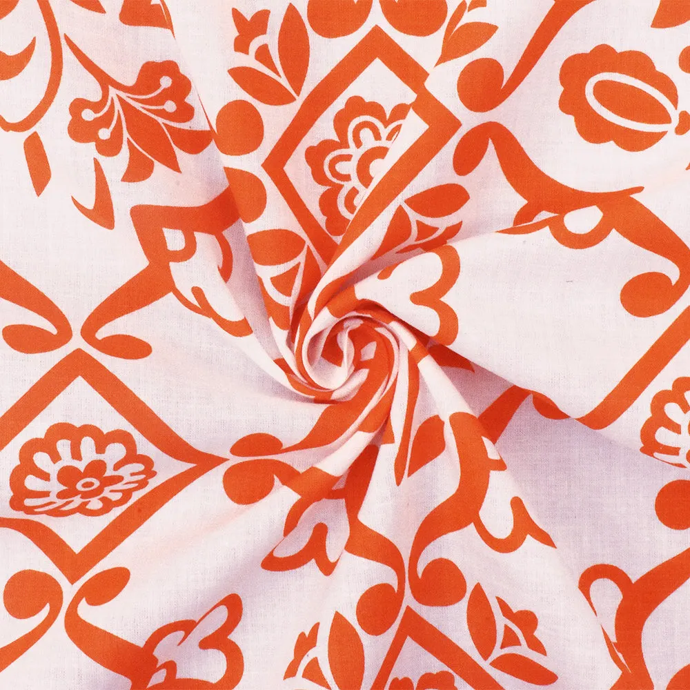 Orange-Ivory Floral Moroccan Printed Cotton Lawn Woven Fabric