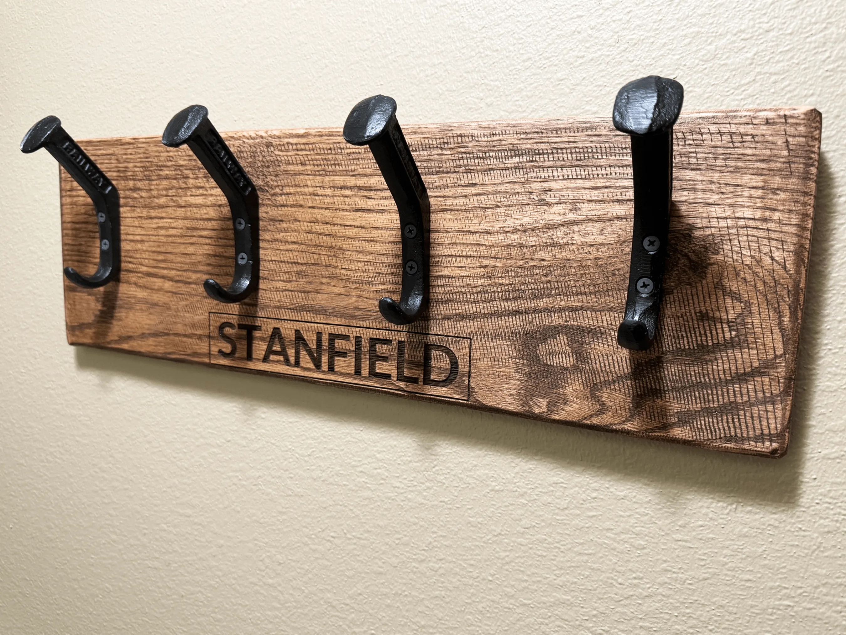 Personalized Rustic Wooden Wall Rack for Hats, Caps, & Coats - 4 Hooks