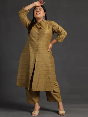 Plus Size Mustard Self Design Cotton Straight Kurta Set