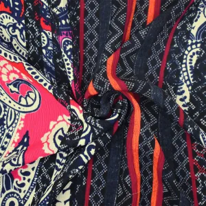 Red-Blue-Multi Paisley Border Printed Dobby Woven Fabric