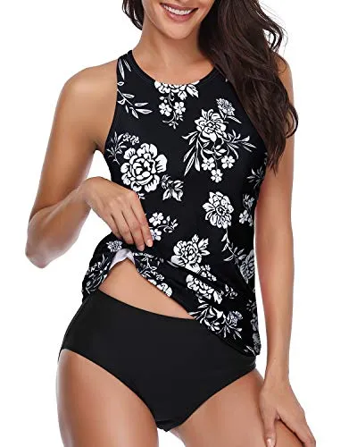 Scoop Neck Tankini Bathing Suits With Full Coverage Bottom-Black And White Floral