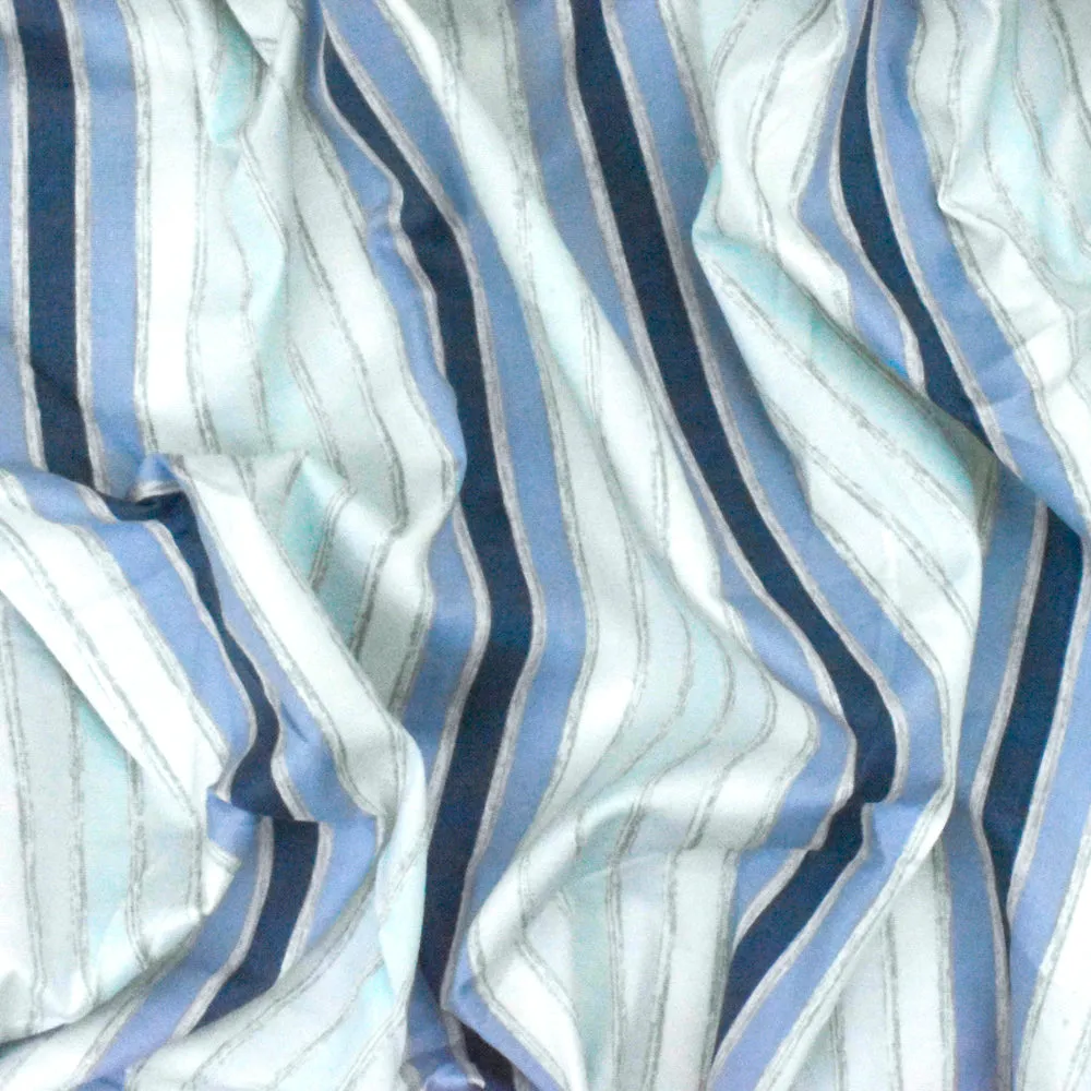 Slight Blue-White-Multi Stripe Printed Stretch Cotton Poplin Woven Fabric