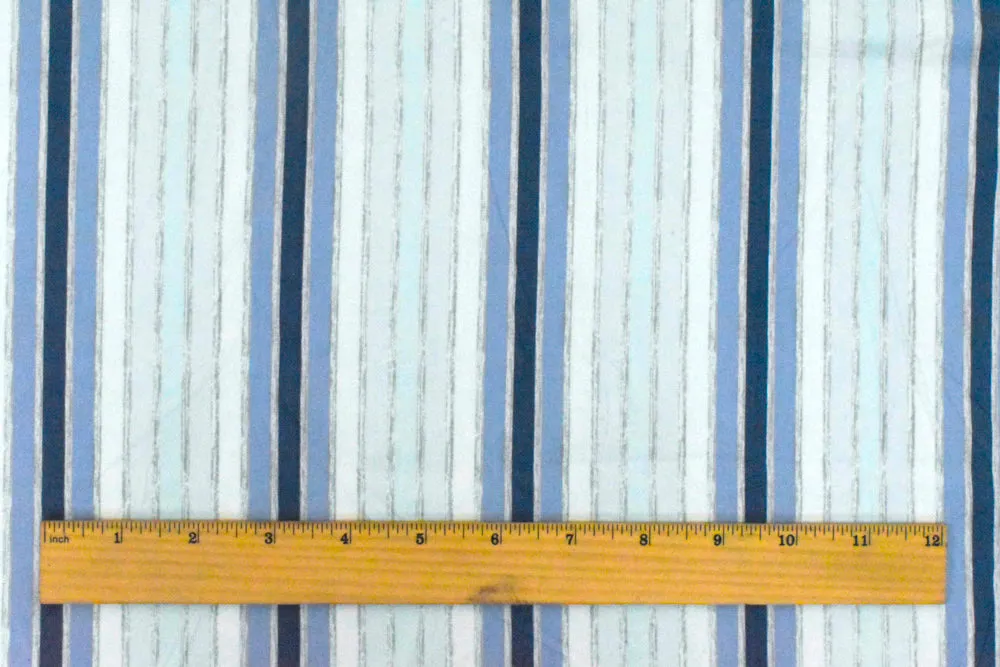 Slight Blue-White-Multi Stripe Printed Stretch Cotton Poplin Woven Fabric