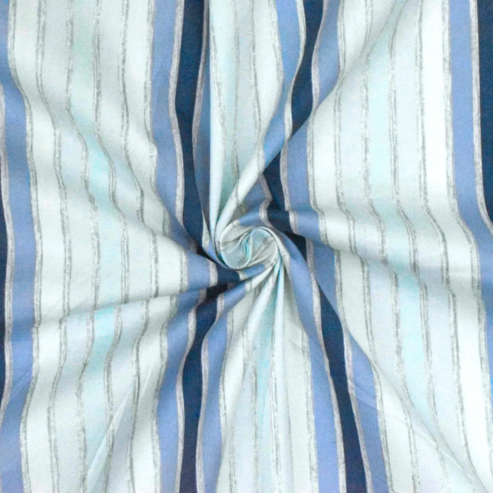 Slight Blue-White-Multi Stripe Printed Stretch Cotton Poplin Woven Fabric