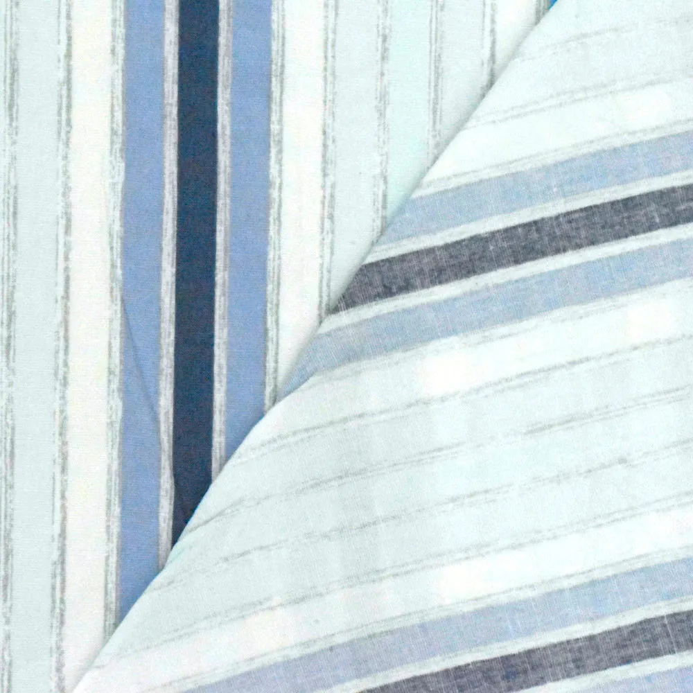 Slight Blue-White-Multi Stripe Printed Stretch Cotton Poplin Woven Fabric