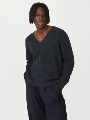 The Ribbed Lambswool V-Neck Sweater in Slate Grey