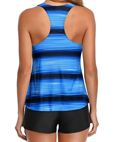 Two Piece Swimsuit For Women With Shorts Tankini Bathing Suits For Women-Blue And Black Stripe