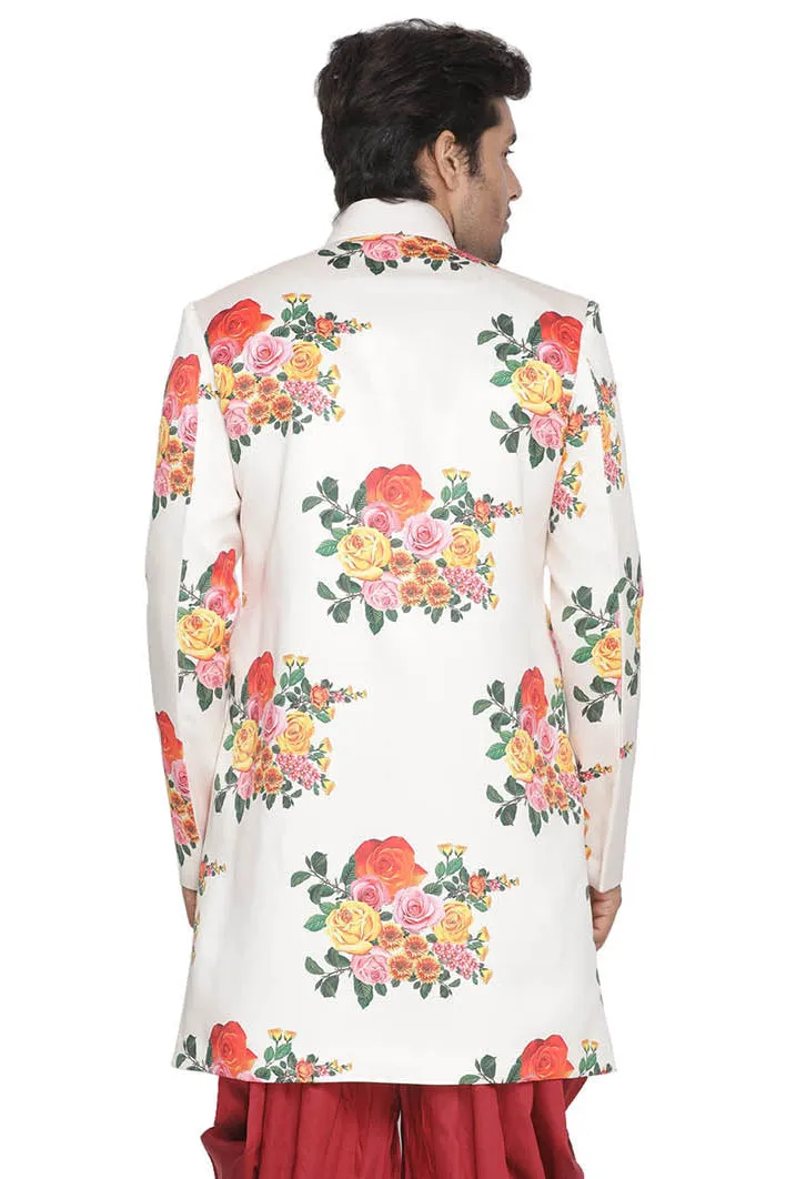 VASTRAMAY Men' Off White Floral Print Sherwani Top