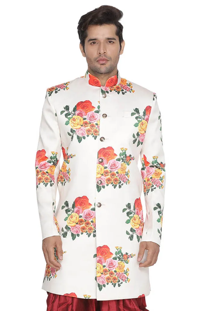 VASTRAMAY Men' Off White Floral Print Sherwani Top