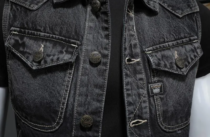 Vintage Denim Vest for men / Sleeveless Biker Jeans Jacket