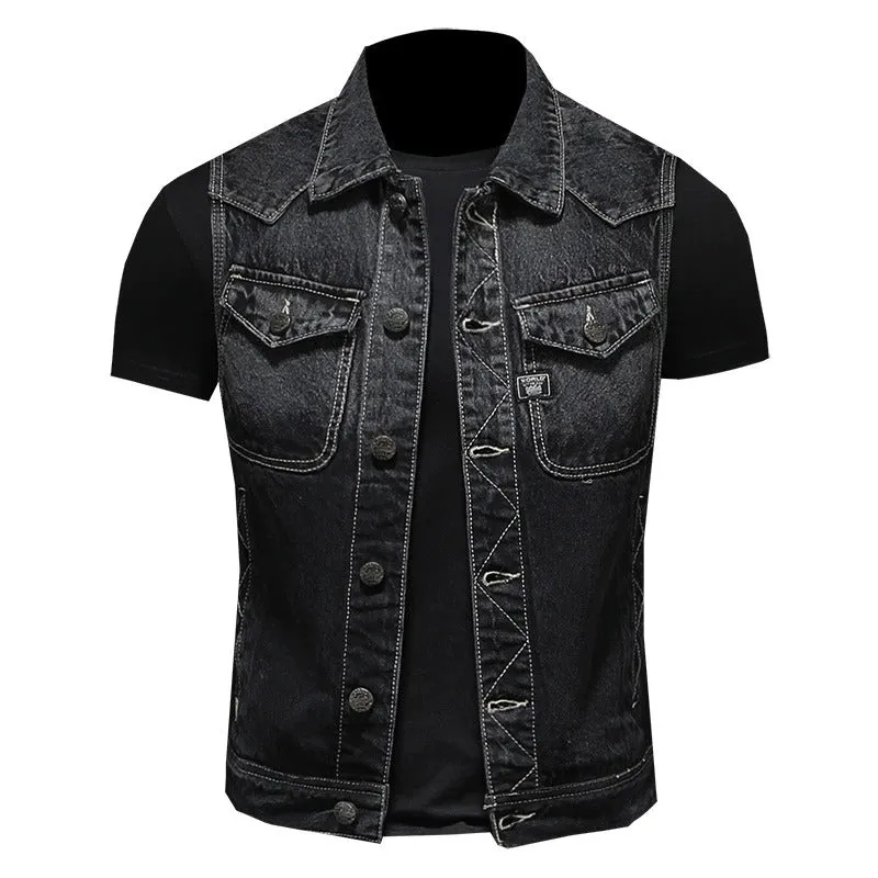 Vintage Denim Vest for men / Sleeveless Biker Jeans Jacket