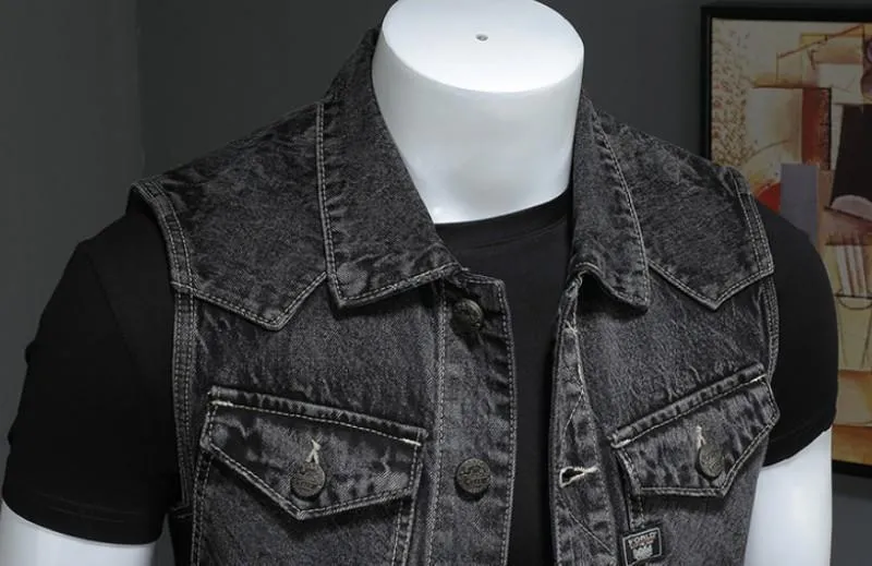 Vintage Denim Vest for men / Sleeveless Biker Jeans Jacket