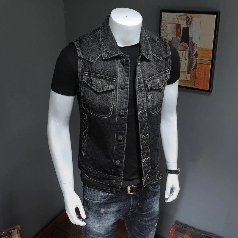 Vintage Denim Vest for men / Sleeveless Biker Jeans Jacket