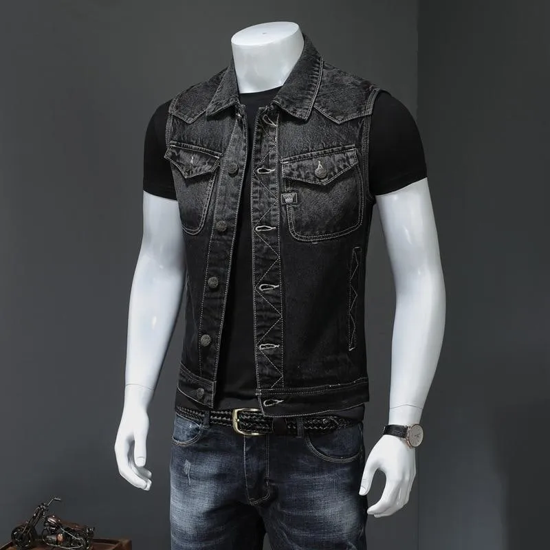 Vintage Denim Vest for men / Sleeveless Biker Jeans Jacket