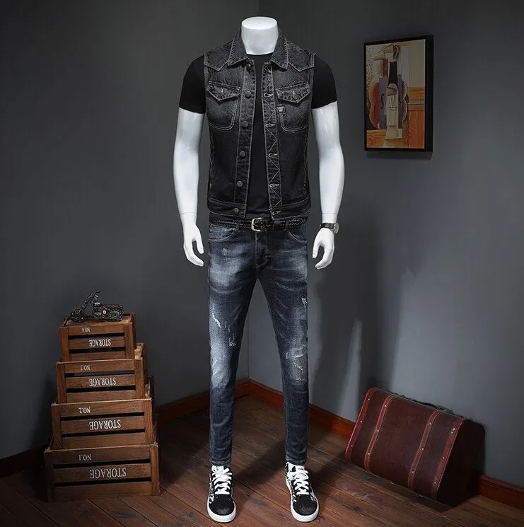 Vintage Denim Vest for men / Sleeveless Biker Jeans Jacket