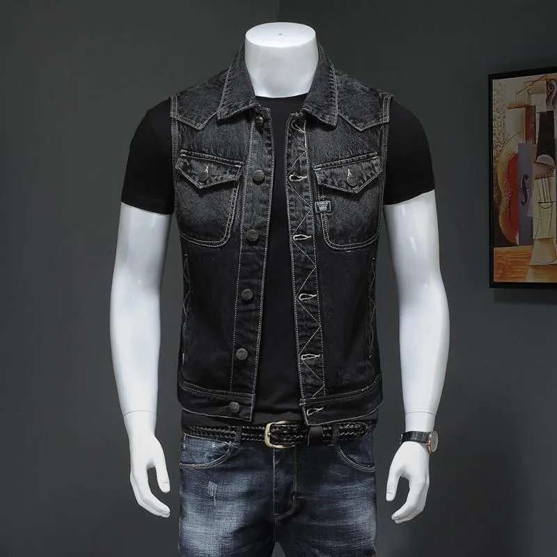 Vintage Denim Vest for men / Sleeveless Biker Jeans Jacket