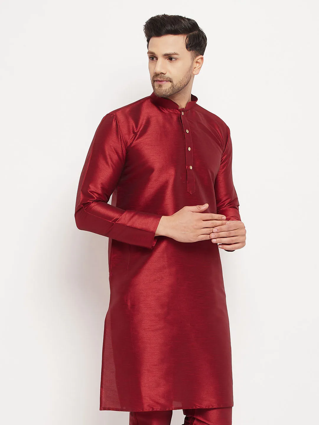 VM BY VASTRAMAY Men's Maroon Cotton Silk Blend Kurta