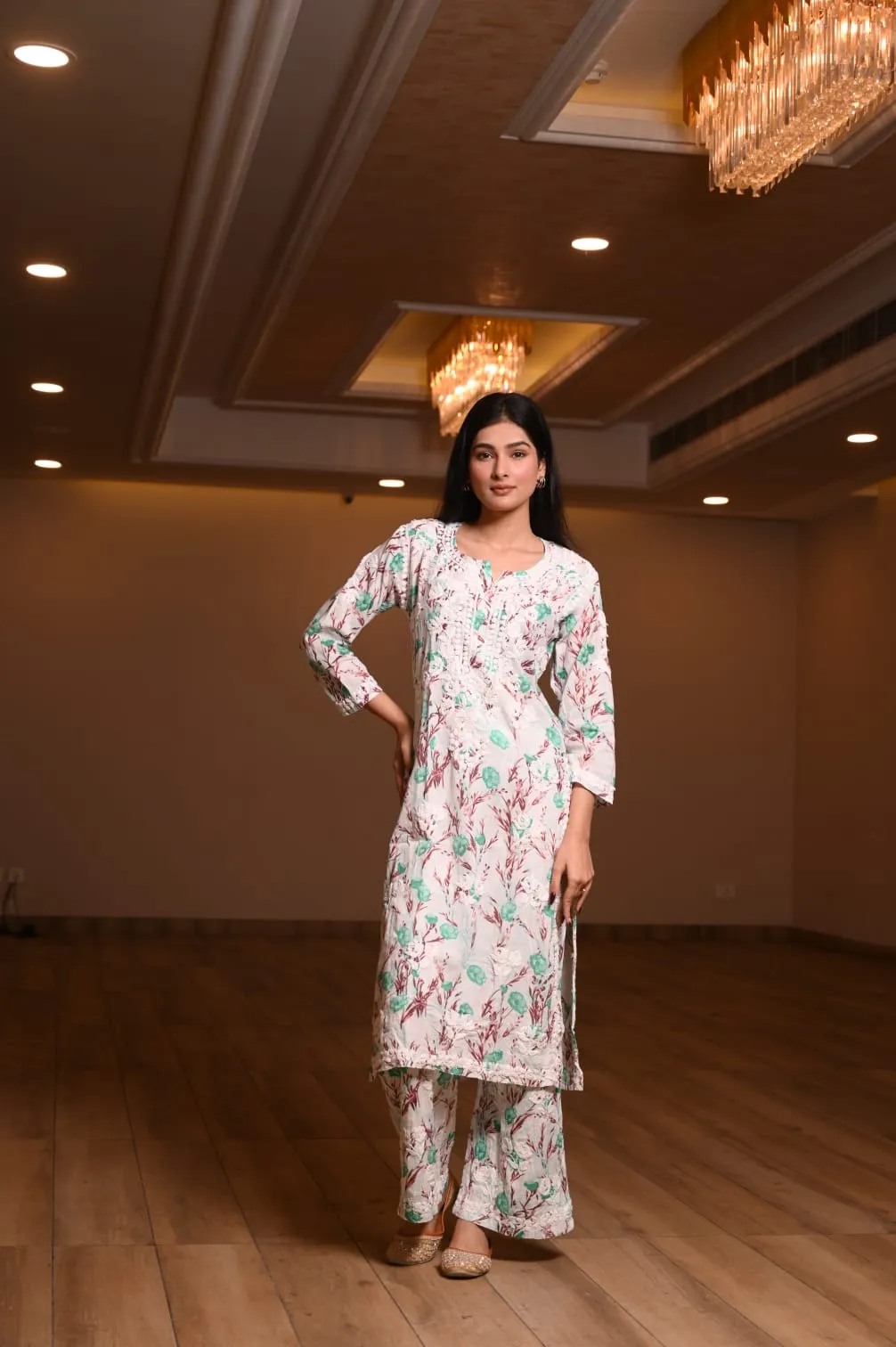 White and Aqua Green Floral Premium Quality Mulmul Lucknow Chikankari Palazzo Set