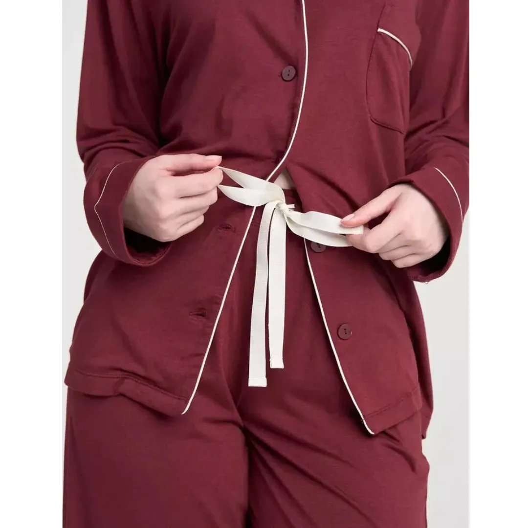 Women Bordeaux Pyjamas Set Knit Lounge Bottom Pants and Long Sleeve Button Top