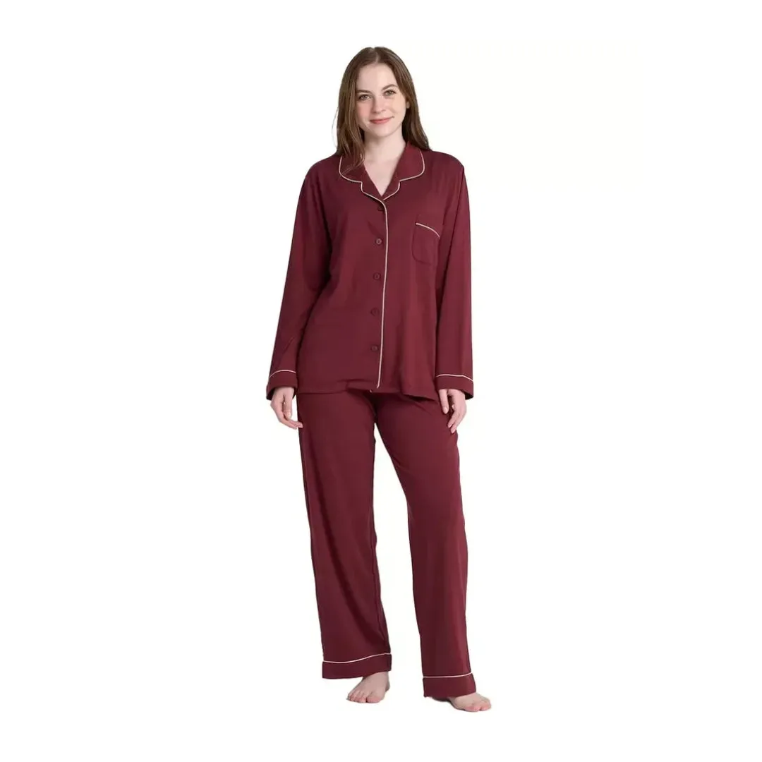 Women Bordeaux Pyjamas Set Knit Lounge Bottom Pants and Long Sleeve Button Top