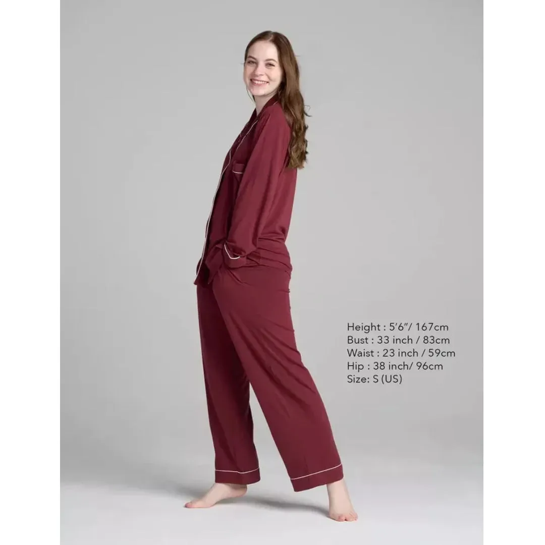 Women Bordeaux Pyjamas Set Knit Lounge Bottom Pants and Long Sleeve Button Top