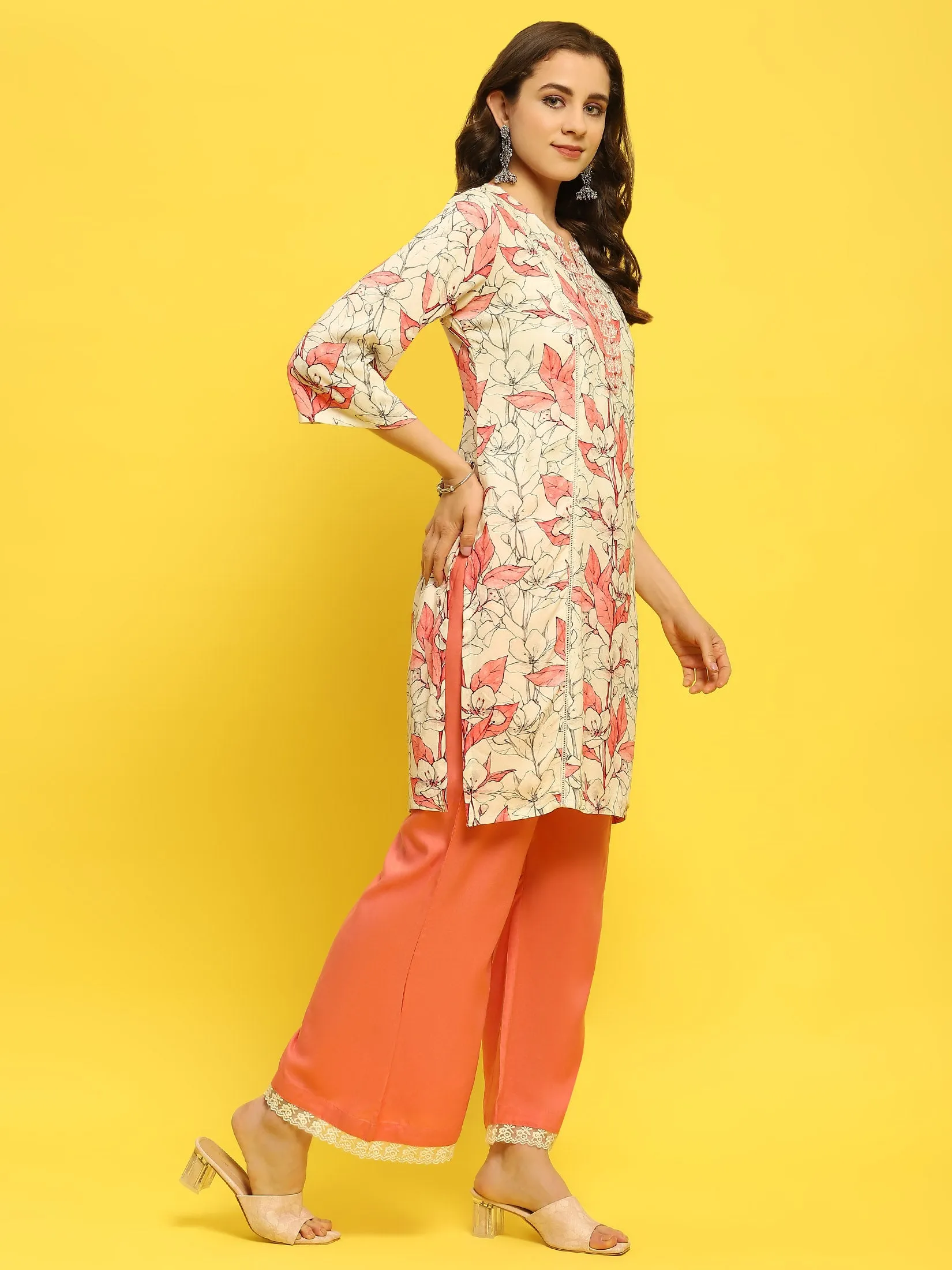 Women Liva Rayon Peach Floral Print Kurta Wide Leg Pant Dupatta