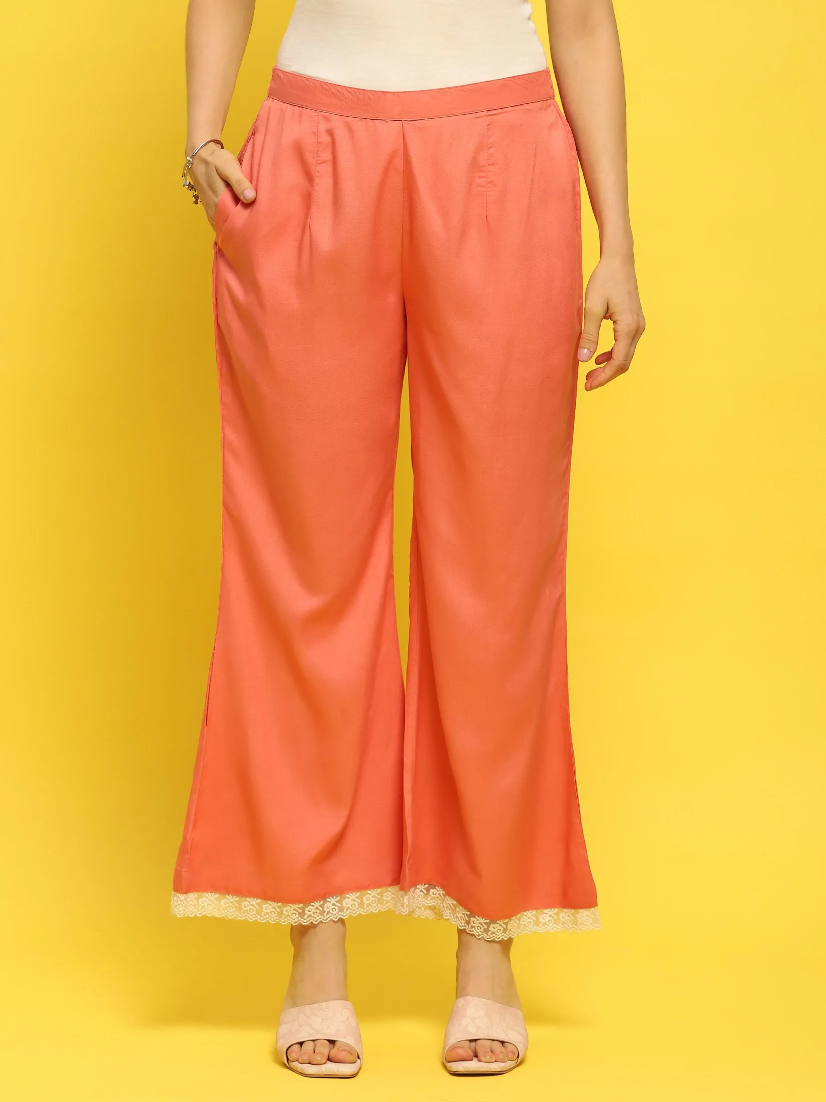 Women Liva Rayon Peach Floral Print Kurta Wide Leg Pant Dupatta