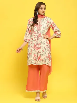 Women Liva Rayon Peach Floral Print Kurta Wide Leg Pant Dupatta