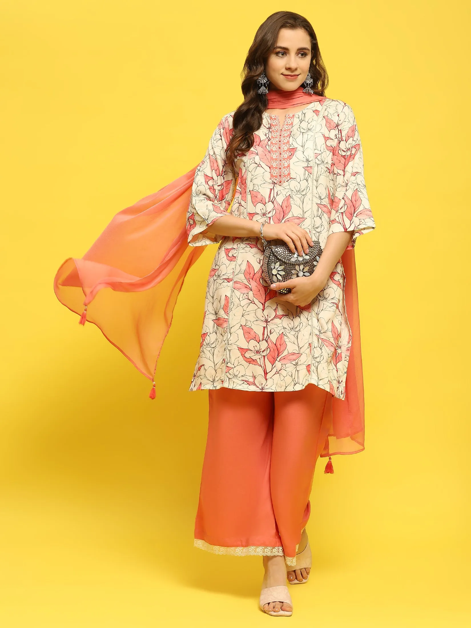 Women Liva Rayon Peach Floral Print Kurta Wide Leg Pant Dupatta