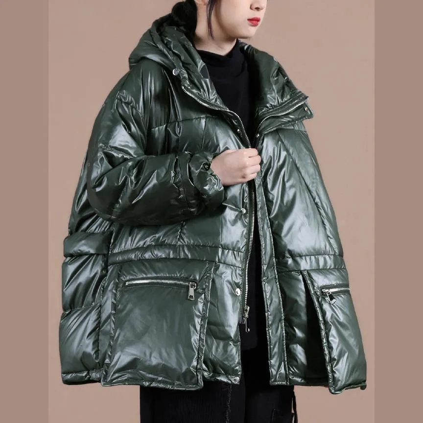 women oversize winter jacket coats blackish green hooded zippered down coat