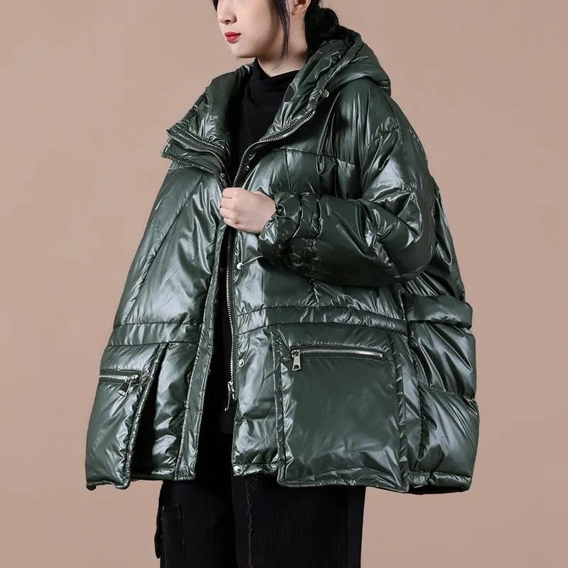 women oversize winter jacket coats blackish green hooded zippered down coat