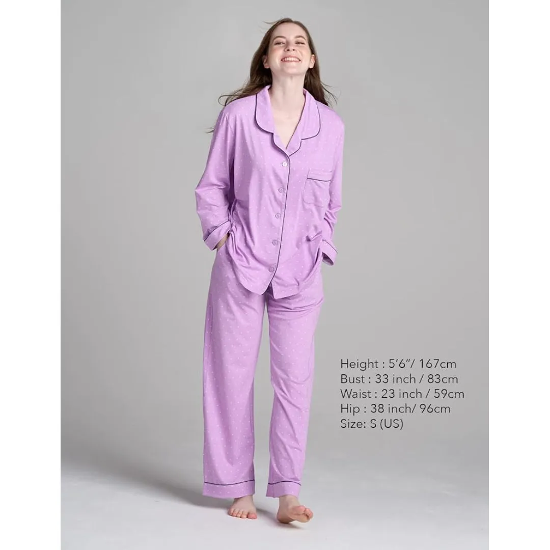 Women Purple Dotted Pyjamas Set Knit Lounge Bottom Pants and Long Sleeve Button Top