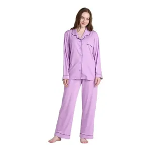 Women Purple Dotted Pyjamas Set Knit Lounge Bottom Pants and Long Sleeve Button Top